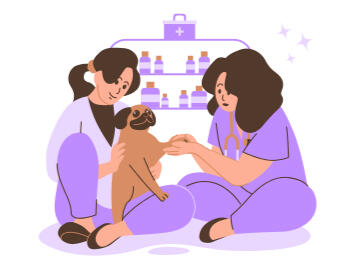 Two veterinarians sitting with a pug happy about vetforms digital forms